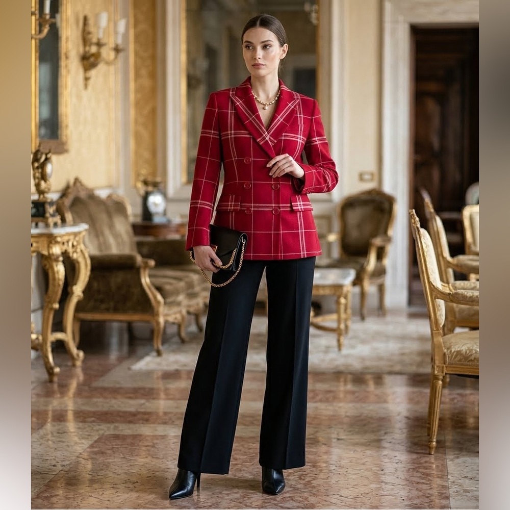 Moschino 90s Dishcloth Double Breasted Tailored Red Plaid Blazer Size‎ 4